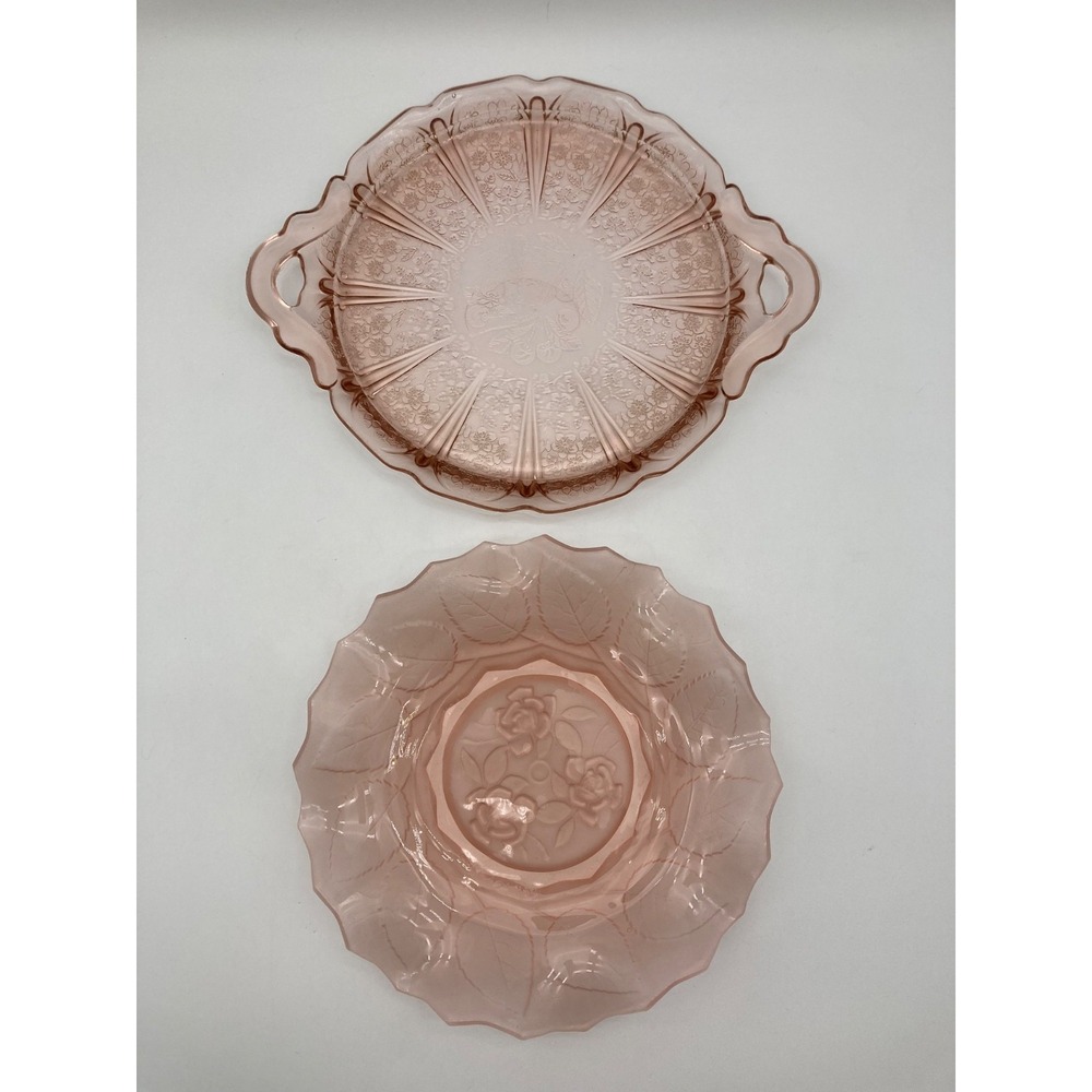 Lot 2 Pink Depression Glass Floral Handled Server & Rose Ruffled Bowl Dish